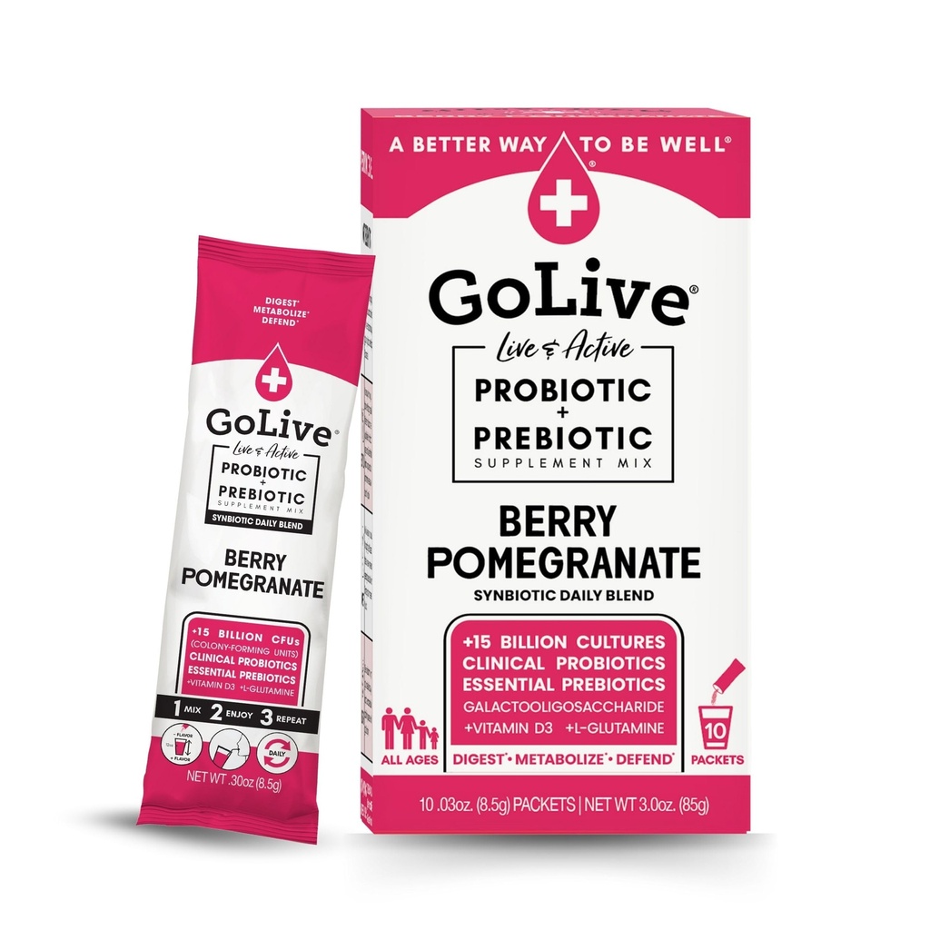 GoLive Prebiotico e Probiotico per donne, uomini, bambini. Polvere sintetico di melograno di bacche w/ L-Glutamina, vitamina D3, elettroliti. Per la salute, la digestione, il metabolismo, l'immunità 15-50B CFU.