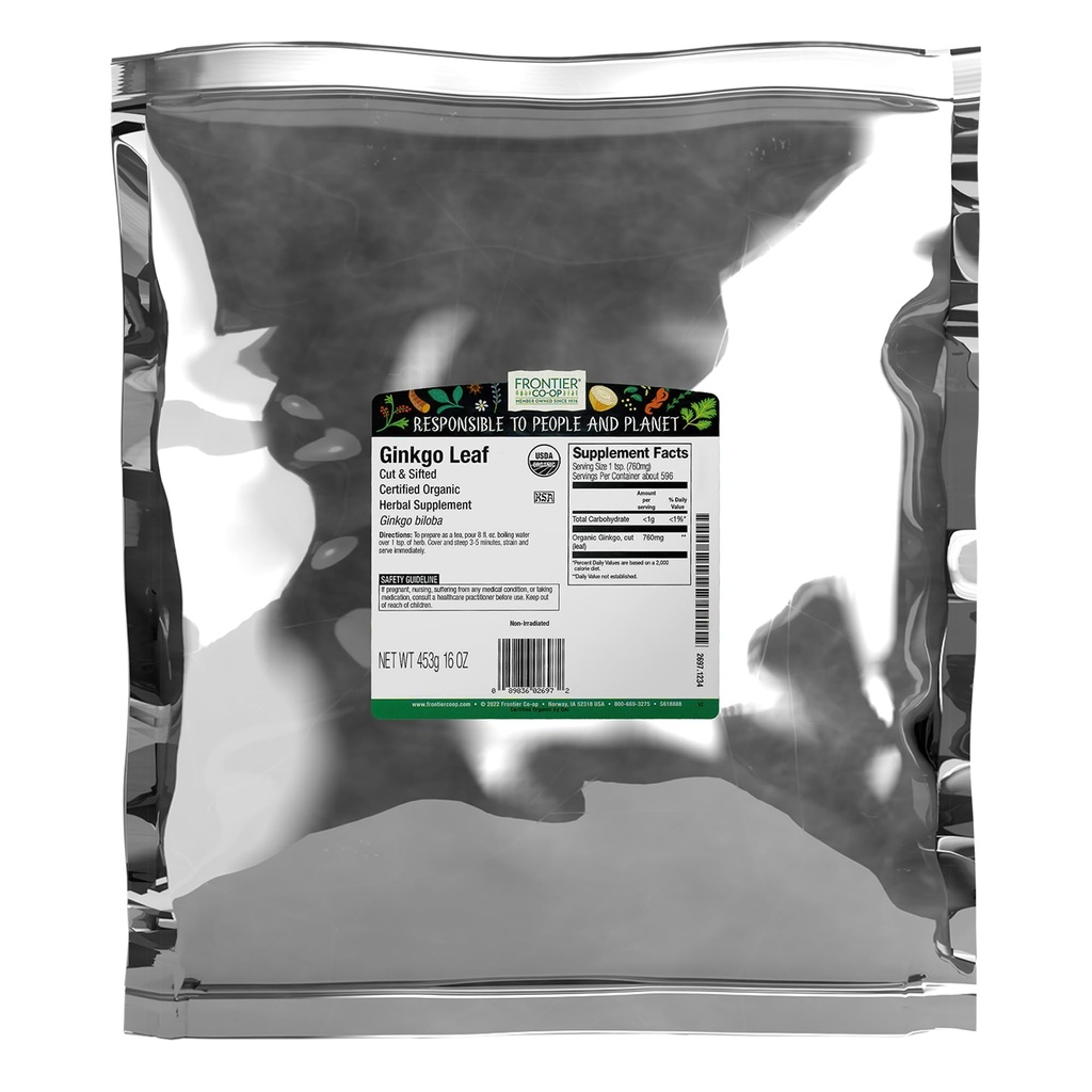 Frontier Co-op Organic Ginkgo Leaf, 1lb Bulk Bag, Cut and Sifted | Dried Ginkgo Biloba Leaf | Ideale per tè e usi erboristici, Kosher