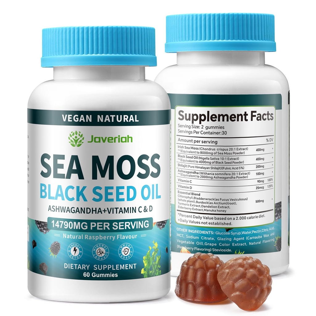 Vegan Ashwagandha Sea Moss Gummies - Black Seed Oil, Vitamina C&D per il supporto immunitario, Digestivo, Antiossidante 13 in 1 Bundle, Sea Moss Chlorophyll Advanced Strength Formula 2Pack 120 Gummies