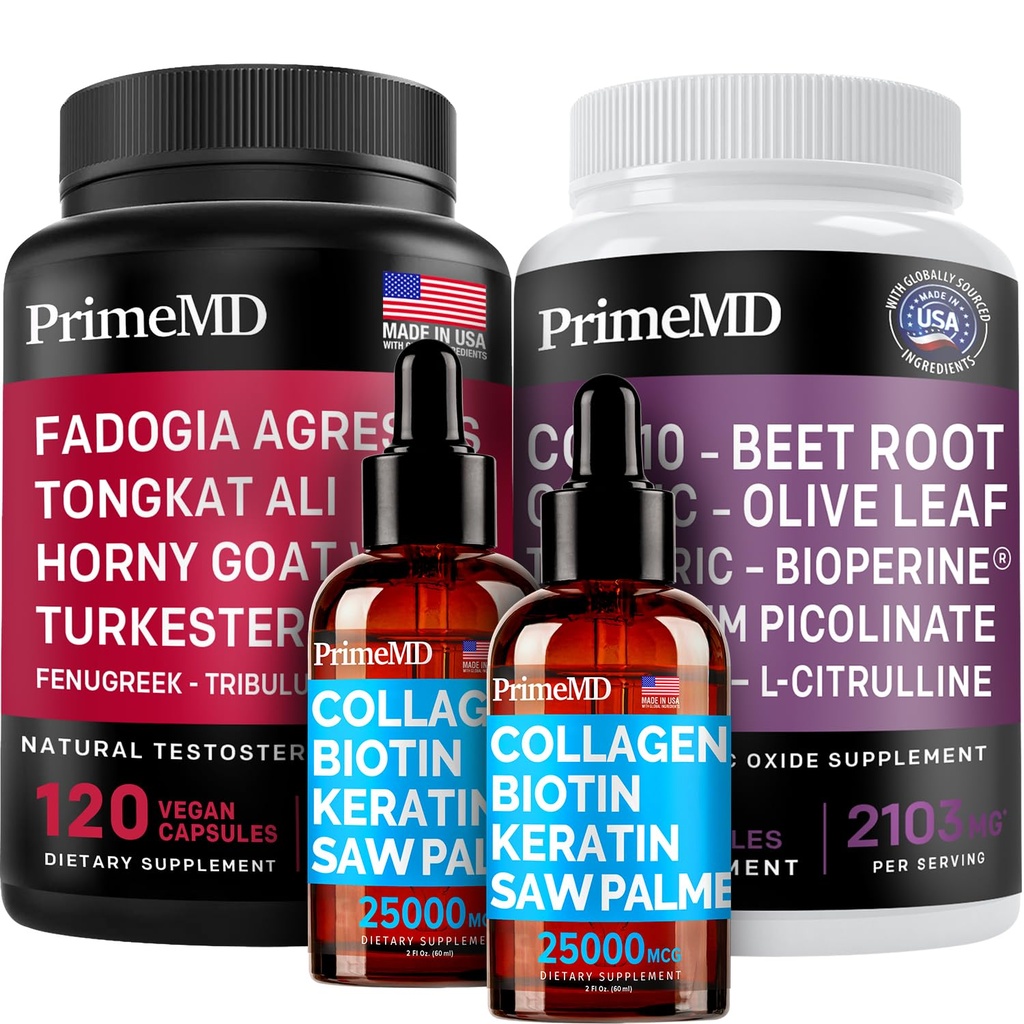 Liquid Collagen Biotin (2pk), Fadogia Tongkat Ali (1pk), e Ossido Nitrico (1pk) Supplemento Bundle - Potenti vitamine per capelli, pelle, unghie, cuore, energia, & supporto testosterone - Non-GMO, Vegan