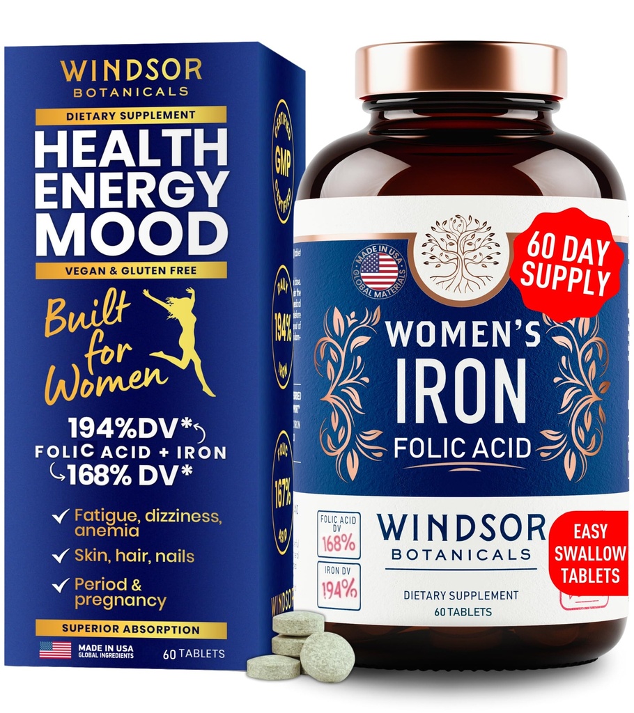 Supplementi di ferro e acido folico per le donne - 35 mg di vitamina di ferro, acido folico 400mcg - Anemia, periodo, supplemento di sostegno alla gravidanza, pillole di solfato di ferro - 60 compresse non costipanti vegani