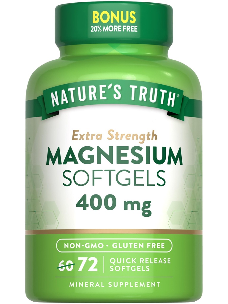 Magnesio della verità della natura | 400mg | 72 Softgels | Dimensione del valore | Forza extra | da Magnesio Ossido | Non OGM e Gluten Supplemento gratuito