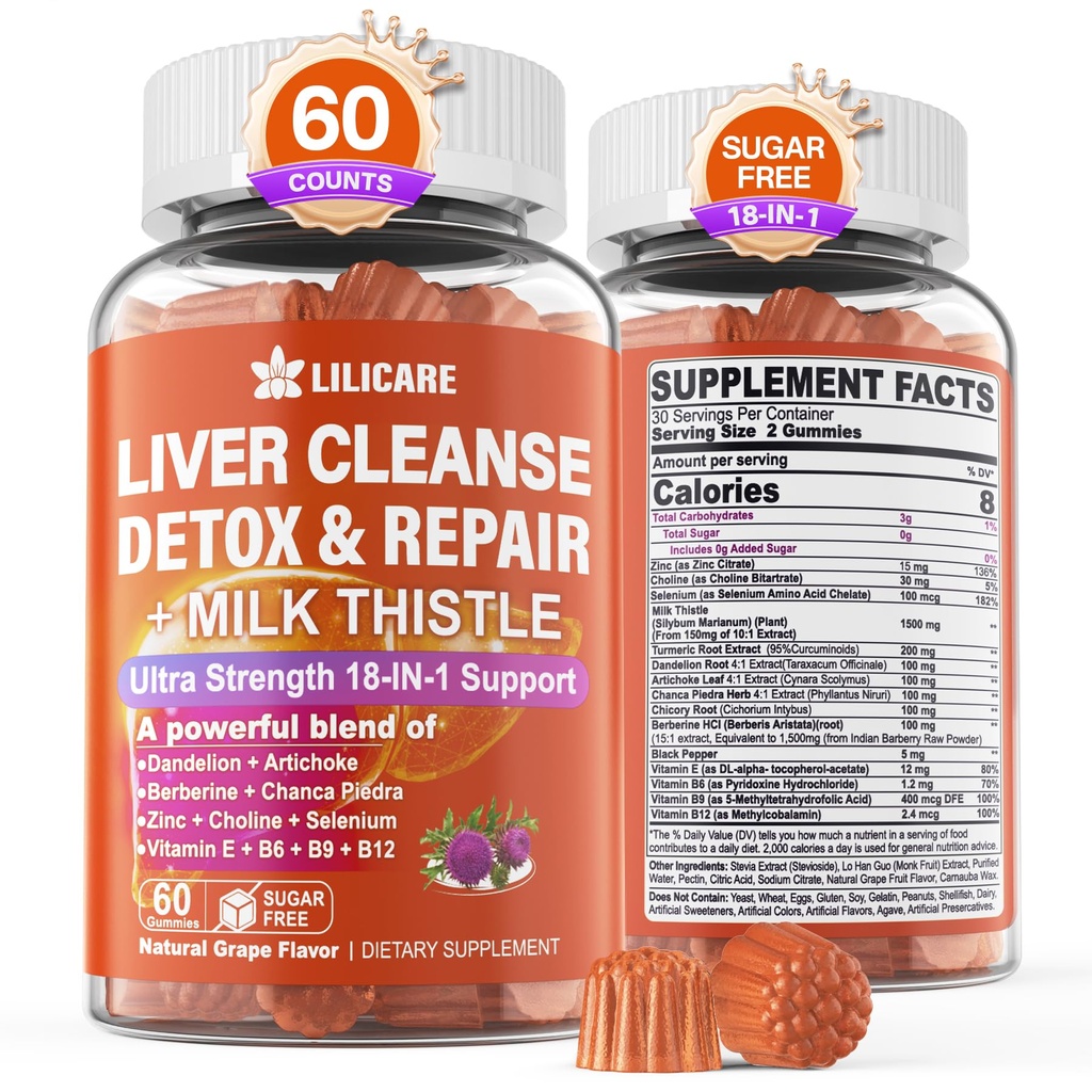 1Pack Milk Thistle fegato Detox Gummies, 18-in-1 Liver Cleanse Detox & Repair Supplemento con Berberine, Chicory Root, Turmeric, Artichoke, Dandelion Root, Chanca Piedra, Vitamine B6 B12 - Sugar Free