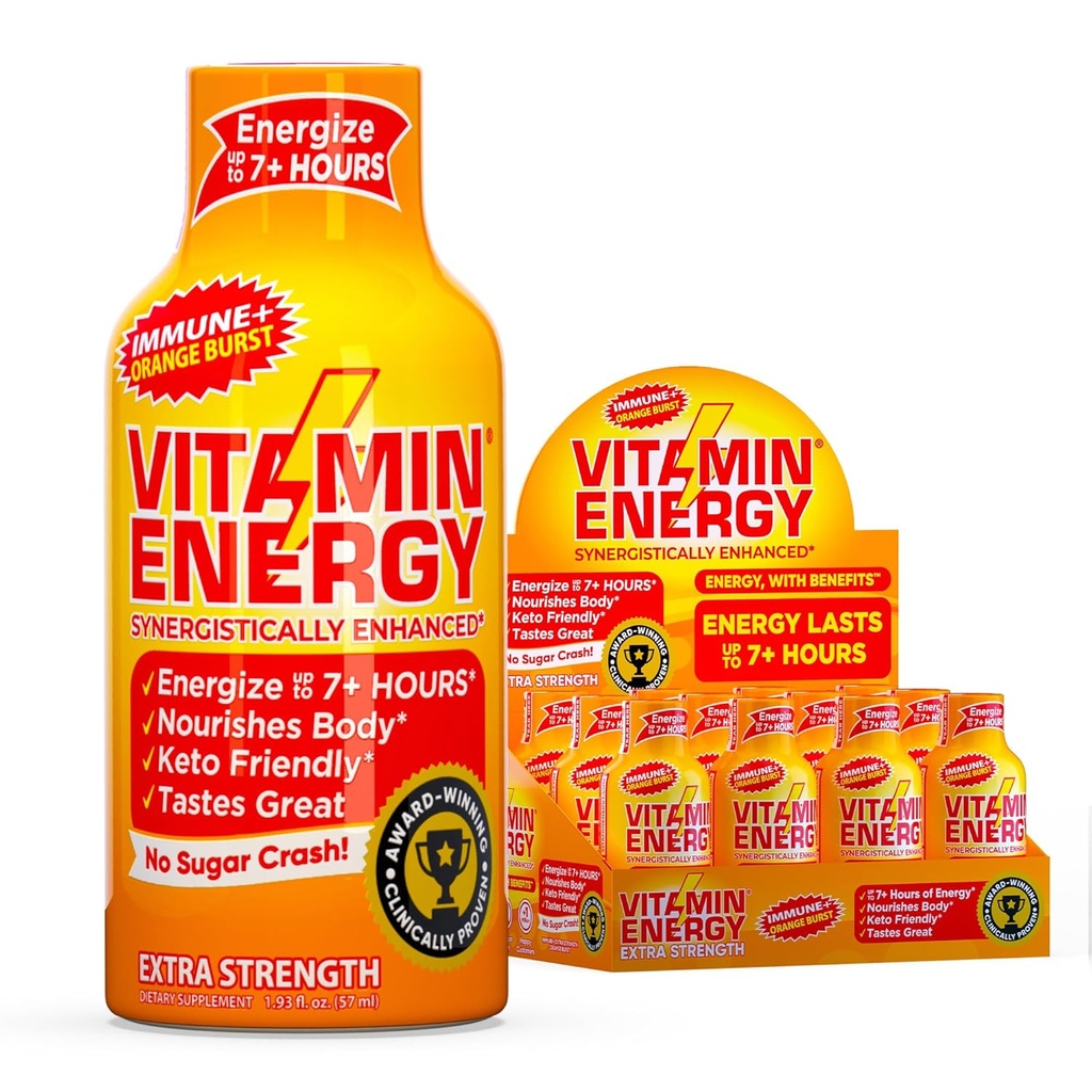 Vitamin Energy Immune+ Extra Strength Energy Shot – Arancione Burst – 100% DV B-Vitamins & 260mg Caffeina – Calorie Zero, Zucchero-Free, Vegan, – Immunity & Energy Support – 1.93 fl oz, 12-Pack