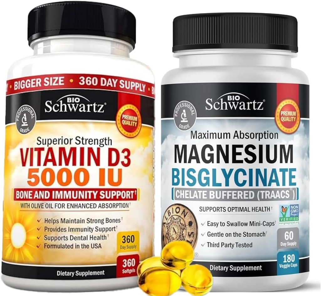 Vitamina D3 5000 IU 125 mcg (1 anno di alimentazione) Plus ad alto assorbimento Magnesio Bisglycinate capsule (2 mesi di alimentazione)