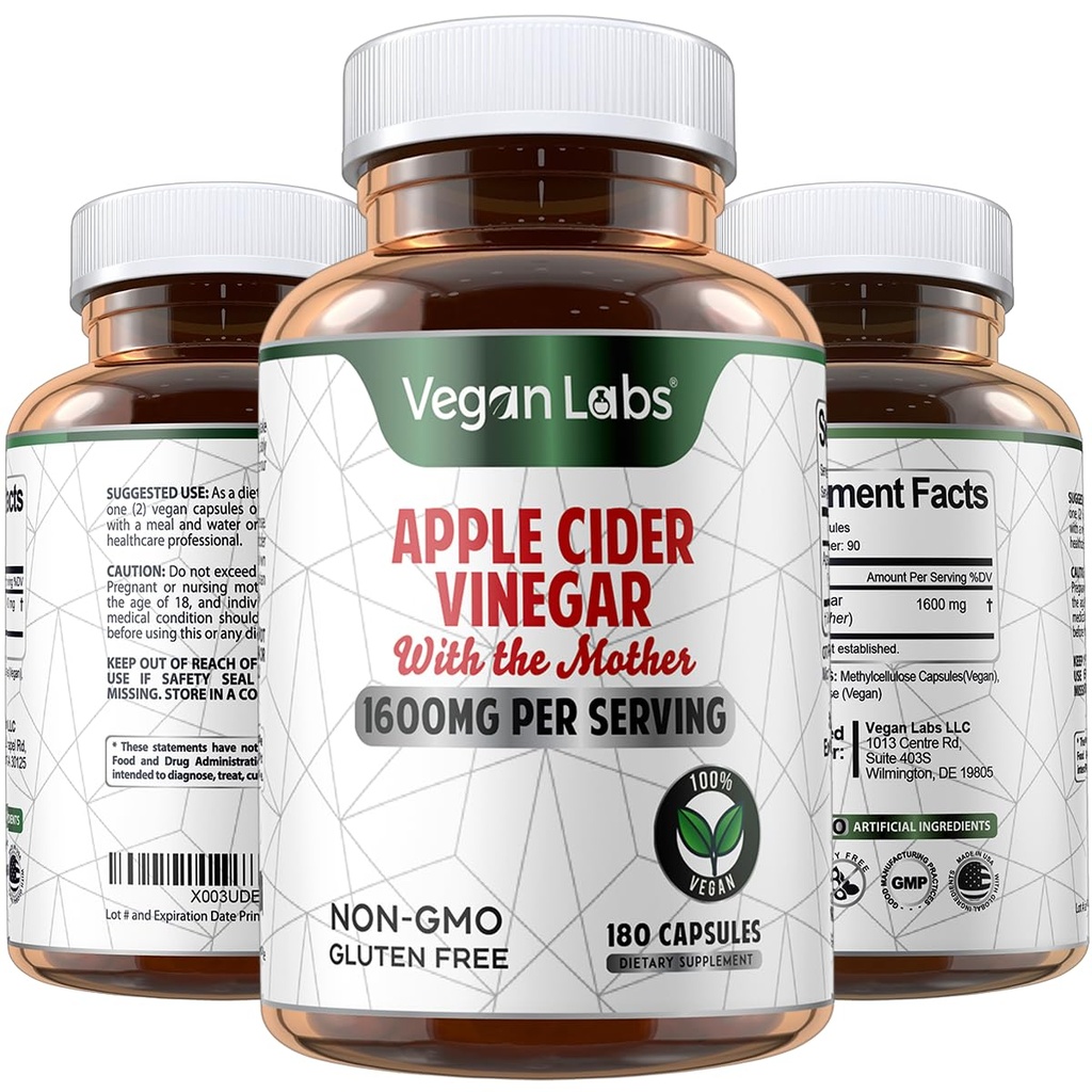 Vegan Labs Aceto di sidro di mela capsule con la madre- 180 capsule vegane, 1600MG Per Serving- 100% naturale ACV pillole- Supporta la digestione sana, Keto, gestione del peso, Detox e sistema immunitario