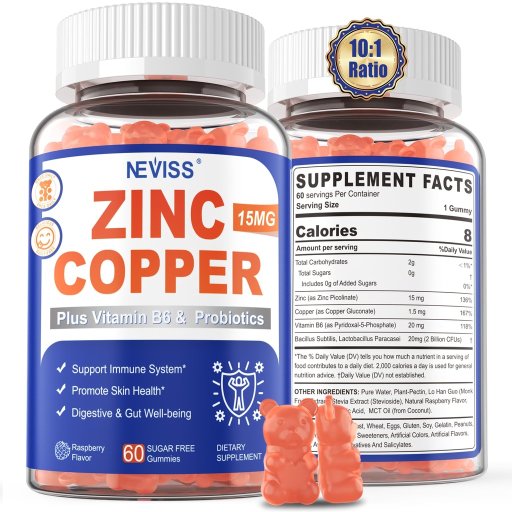 Zinco Gummies con Rame + Probiotici, Vitamina B6 per Assorbimento Max, Integratori di Zinco per Uomini e Donne, Due Minerali Esssenziali Formula di equilibrio per Immunità e Salute Gut, Vegan, Non OGM, 120 Ct
