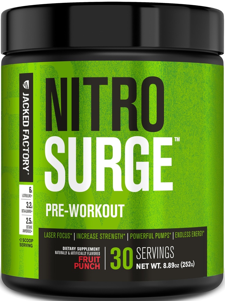 Jacked Factory NITROSURGE Pre Supplemento di allenamento - Energia senza fine, Gains di resistenza istantanea, Clear Focus & pompe di intense - NO Booster & Potente Preworkout polvere di energia - 30 Serve, Punch di frutta