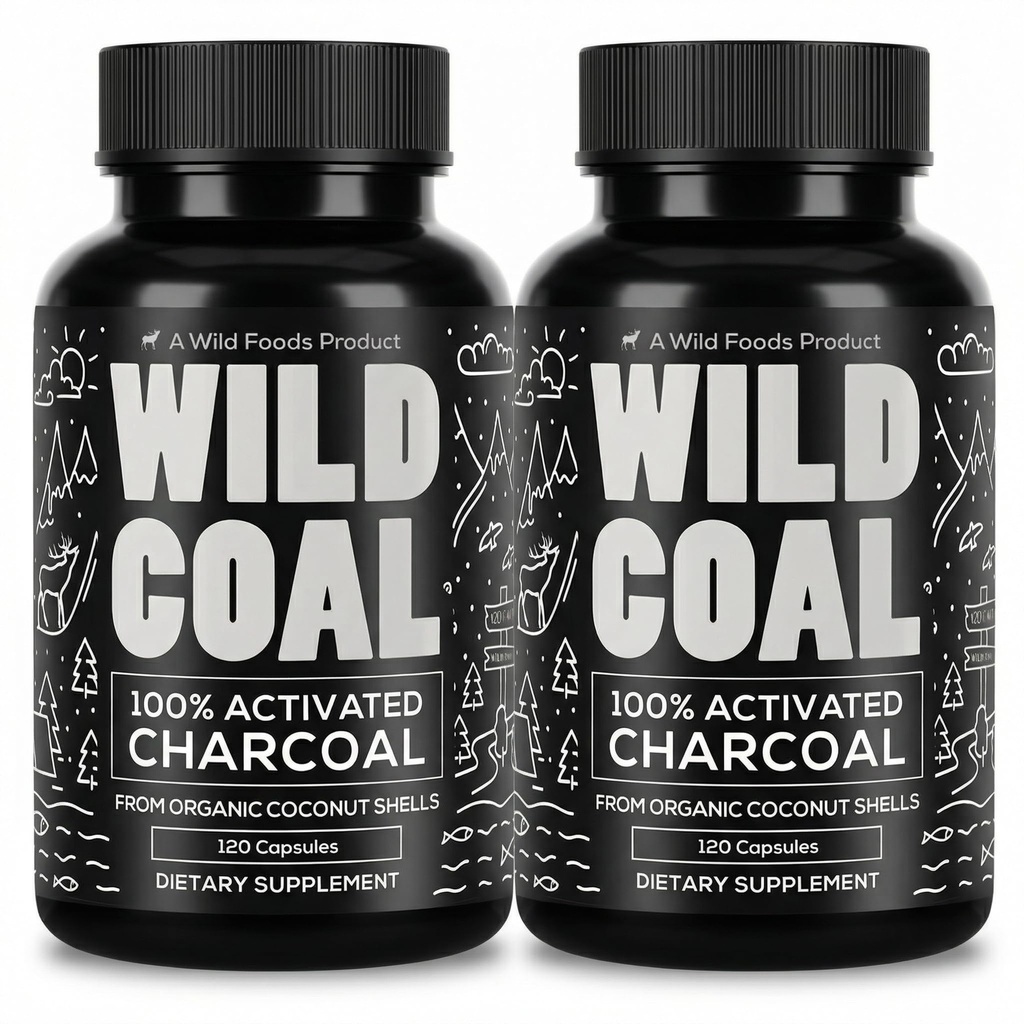 Alimenti selvatici attivato capsule di carbone | 100% Organic Coconut Shells compresse attive per Bloating Relief | Lab Tested & Non-OGM Detox Pills | USA (due bottiglie - 120 capsule)