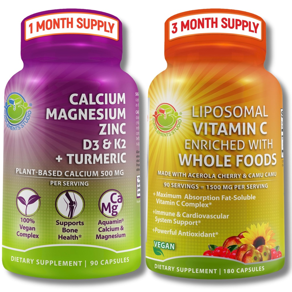 Integratore di sostegno Bone & Immune a base vegetale Bundle – Vitamina Liposomica C 1500mg con Acerola Organica & Camu + Zinco di Magnesio di Calcio con Vitamina D3, K2 & Turmeric – Vegan, Non OGM