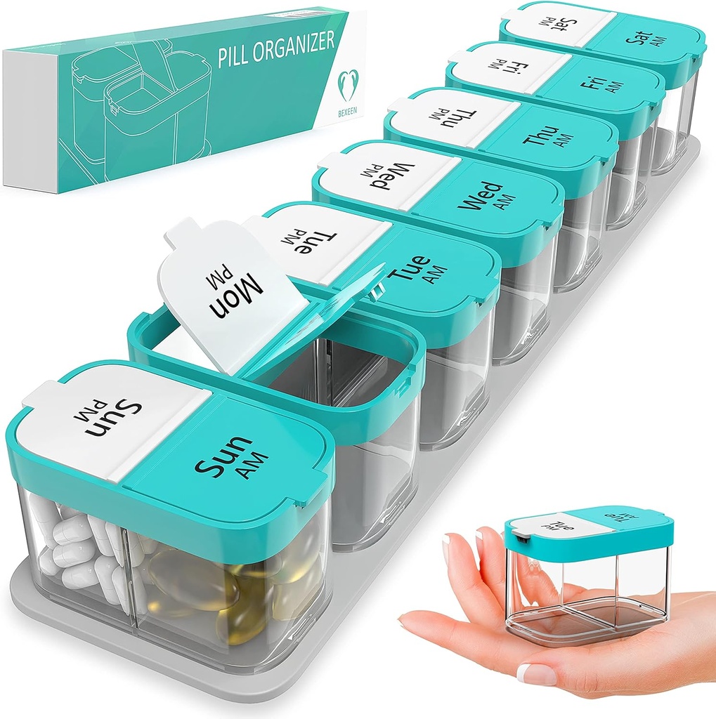 Extra Large Weekly Pill Organizer - XL Vitamin Holder con 7 scomparti staccabili AM PM - Dispenser di medicina portatile per la casa e il viaggio, Big Supplement Container per uso settimanale o quotidiano, menta