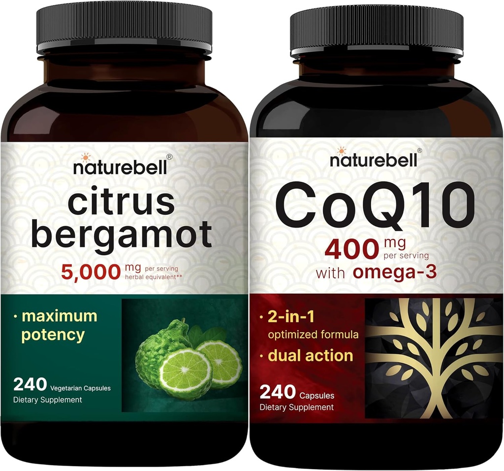 NatureBell CoQ10 400mg capsule con Omega 3 acidi grassi & Citrus Bergamot Veggie capsule 5.000 mg Equivalent Bundle Pack | Forma di assorbimento elevato stabile | Livello antiossidante alto
