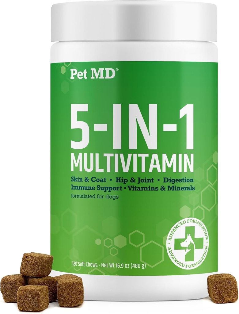 Pet MD 5in1 Cane Multivitamina - 30 Vitamine essenziali, Minerali e nutrienti per pelle e cappotto, Hip & Joint, Digestione, Immune & Senior Dog Vitamins - Glucosamine, Omega 3 6 9, & Probiotics - 120 ct