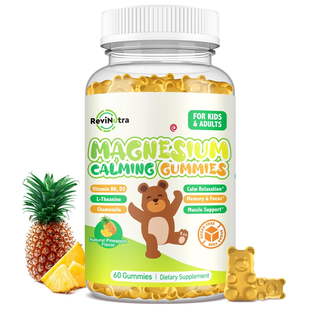 Magnesio Gummies per bambini - Magnesio Glycinate Gummies Supplemento con L-teanina, Vitamina B6, D3 per adulti e bambini, Magnesio calmo per il sonno, Rilassamento, Cervello, Bones, Ananas gratuita per l'agar 60ct
