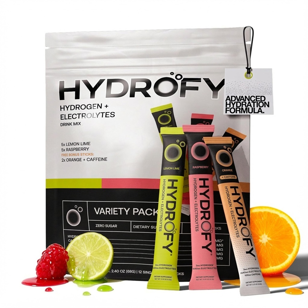 Hydrofy Hydrogen Water + Electrolytes Drink Mix - Variety Pack | H2 Hydration Packets con idrogeno molecolare, sodio, potassio, magnesio | Lime di limone, lampone, arancione + caffeina | 12 conte