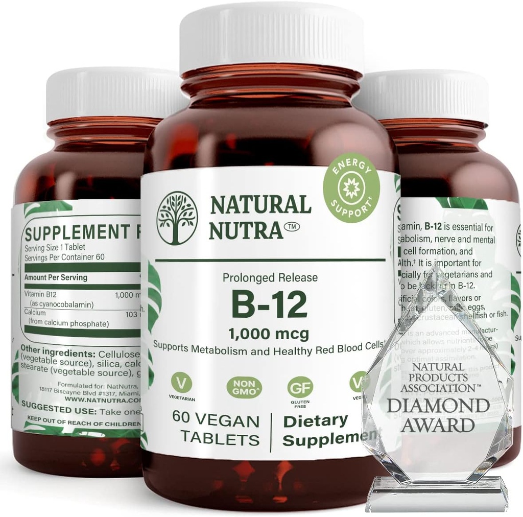 Vitamina di Nutra naturale B12 1000 mcg, Cobalamin B 12 Supplemento, Fosfato di calcio, Aiuto nella salute del metabolismo, Supporta il sistema nervoso, Assorbimento ottimale, Senza glutine, Senza zucchero, 60 compresse vegane
