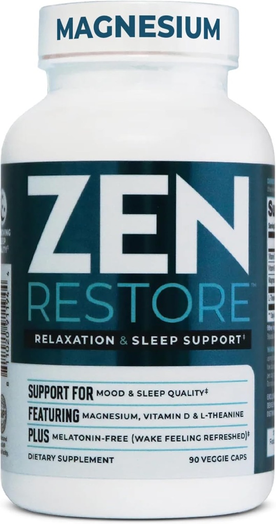 Nutrologia Zen Restore Magnesio Supplemento, 400mg Magnesio Malato Per Dose con vitamina D3, L-teanina, promuove il rilassamento, recupero muscolare & salute surrenale, supplemento ad alto assorbimento, 30 Serve