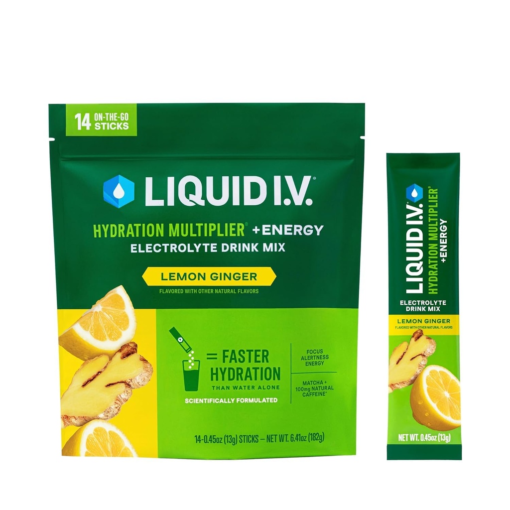 Liquido I.V.® Hydration Multiplier +Energy - Lemon Ginger | Miscelatore per bevande a polvere elettrolitica | 1 Pack (14 Serve)