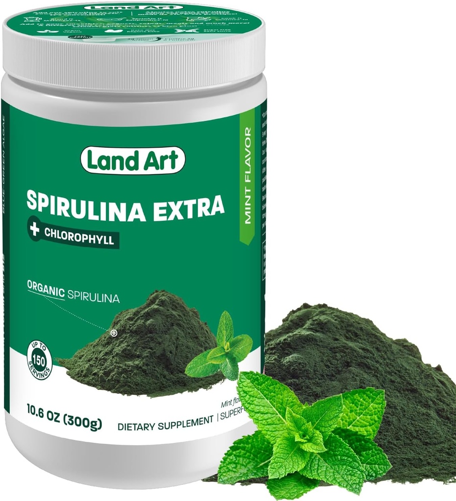 Superficie Arte Organica Spirulina Extra Polvere - Mint Flavoured - 100% Puro - 75 Serve - Superfood - Buon Gusto e Buon Profumo - 10% Clorofilla Bioattiva - Potente Fonte di antiossidanti