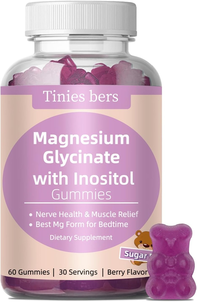 Magnesio Glycinate Gummies 400mg, w/Inositol 500mg per le donne, Mineral & VIT B8 per il sonno, Stress & Muscle Relief, Metabolism Health, Sugar Free, No Melatonin, Gluten Free, Non OGM, Vegan, Pectin, 60