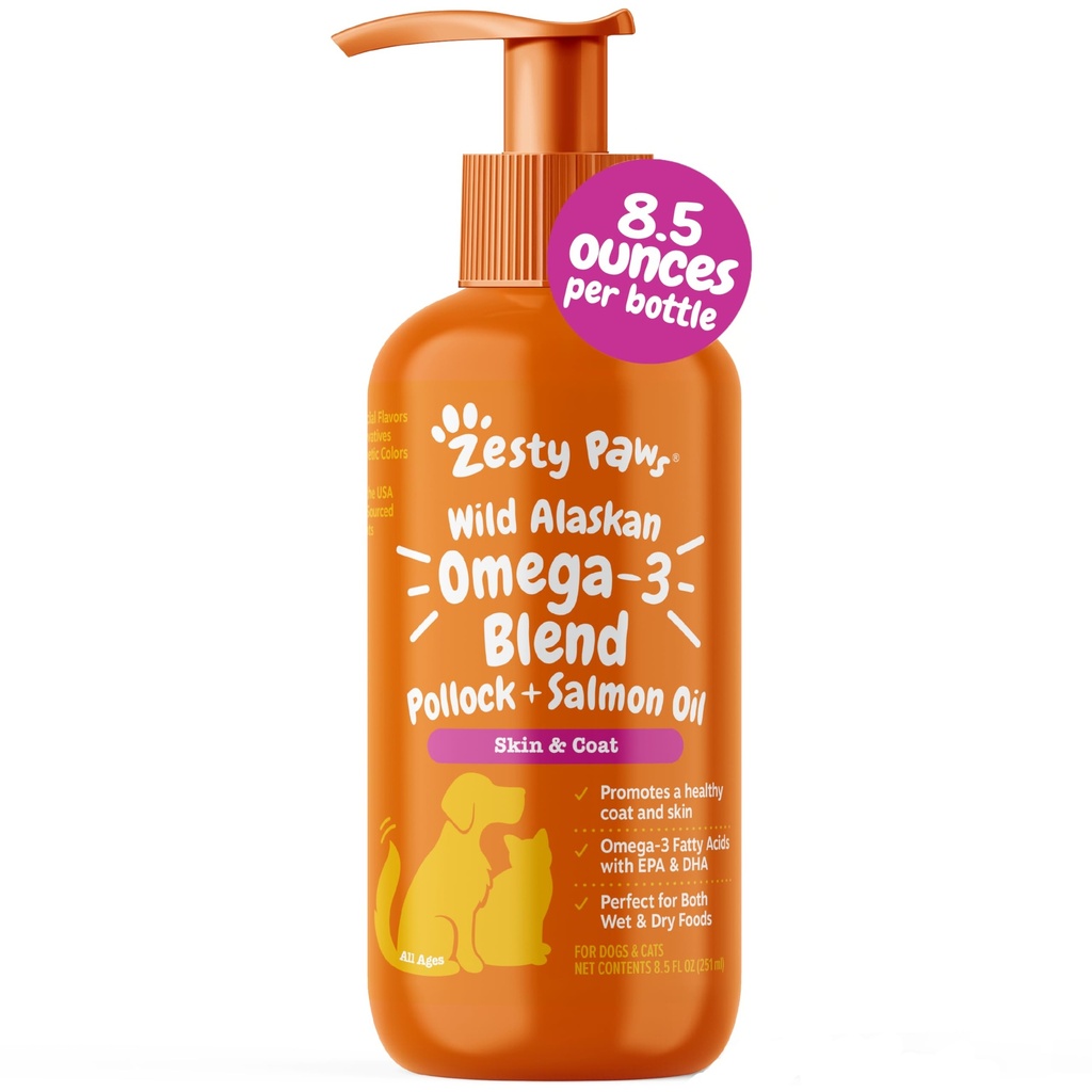 Zesty Paws Wild Alaskan Omega-3 Blend Pollock + olio di salmone per cani e gatti- pelle e cappotto sostegno, Omega 3 supplemento per gli animali, 8.5oz