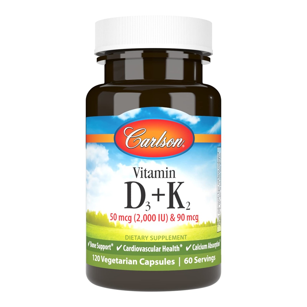 Carlson - Vitamina D3 + K2, 50 mcg (2000 IU) Vitamina D3 & 90 mcg Vitamina K2 come MK7, Bone Support, Assorbimento di calcio, 120 capsule
