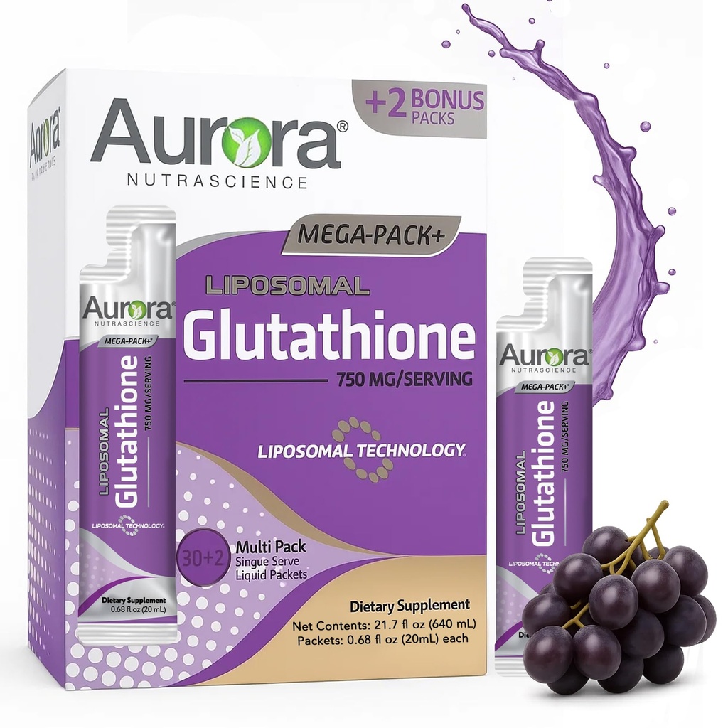 Aurora Nutrascience Mega-Liposomal Liquid Glutathione, Immune & Antiossidante Gut Health Support Supplement, 750 mg per Serve, Non OGM, Senza Zucchero, 32 Single Serve Packets