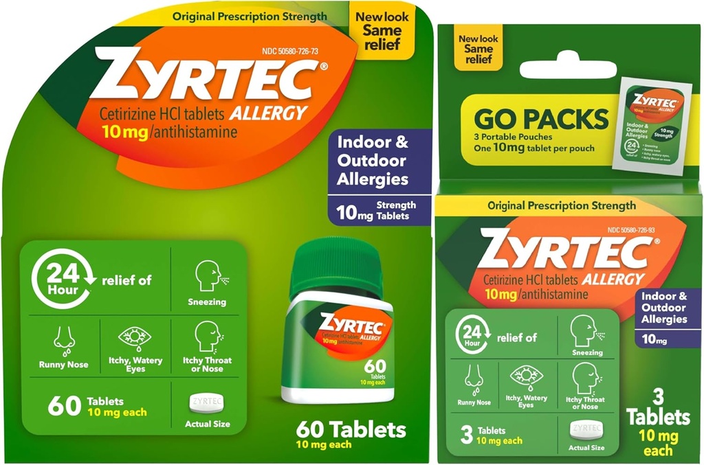 Zyrtec 24 ore Allergy Relief Tablets, Indoor and Outdoor Allergy Medicine con 10 mg Cetirizine HCl per Antihistamine Tablet, Bundle Pack, 60 ct + 3 ct Travel Packs, 63 Count