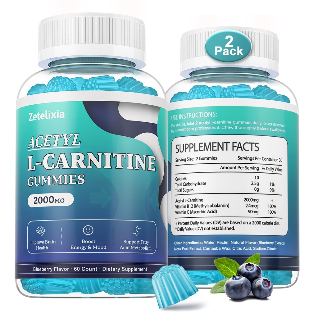 2 Pack Sugar Free Acetyl L-Carnitine Gummies, L-Carnitina Supplemento per le donne e gli uomini, con vitamina C & B12, ALCAR per l'energia, il cervello e il supporto di salute del cuore, Vegan, Non-OGM, 120 Conte
