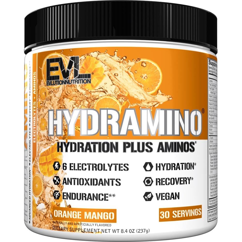 Evlution Nutrition HYDRAMINO Multiplier di idratazione completa, Tutti 6 Elettroliti, Vitamina C & B, Fluid Boosting Aminos, Acqua di cocco, Endurance, Recupero, Antiossidanti, 30 Serve, Mango arancione