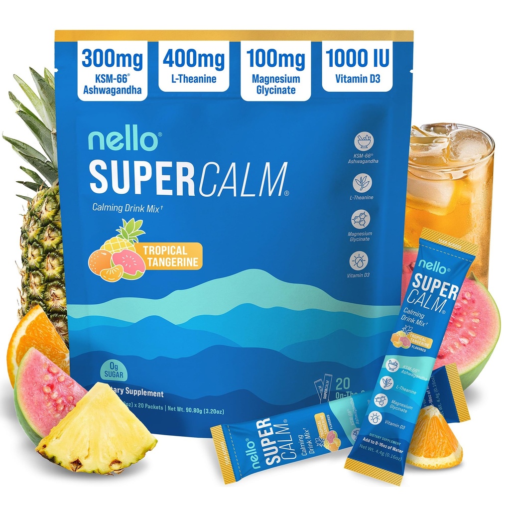 Nello Supercalm in polvere Bevanda Mix, Tangerina tropicale, L Theanine, Ksm-66 Ashwagandha, Magnesio Glycinate, Vitamina D 3, Integratori per Rilassamento & Focus, Naturale, Senza Zucchero, Non OGM, 20 Srvg