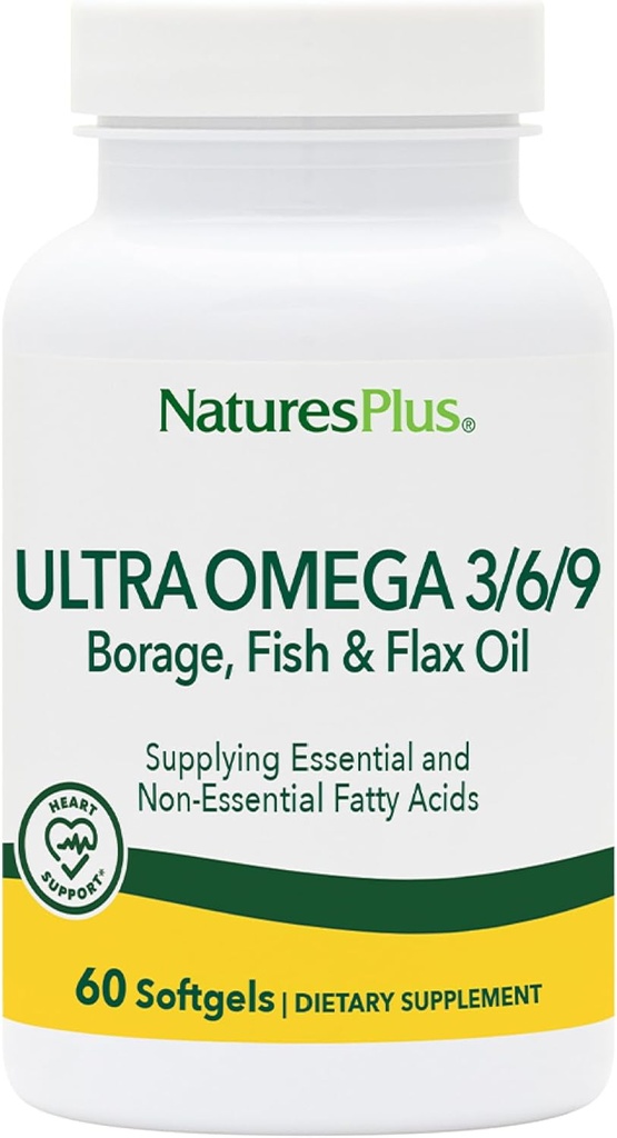 Nature Plus Ultra Omega 3 6 9-1200 mg, 60 Softgels - Olio di borraccia, Olio di pesce, Integratore di olio di lino, Senza glutine - 60 Serve