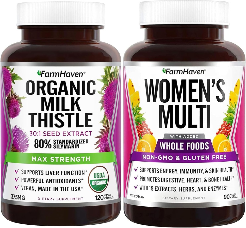 FarmHaven Milk Thistle Capsule e Multivitaminici per Donne | 22 Nutrienti Essenziali, Frutta e verdura Donne Multivitamina | Boosts Energy, Immune, Salute Del Cuore Bundle