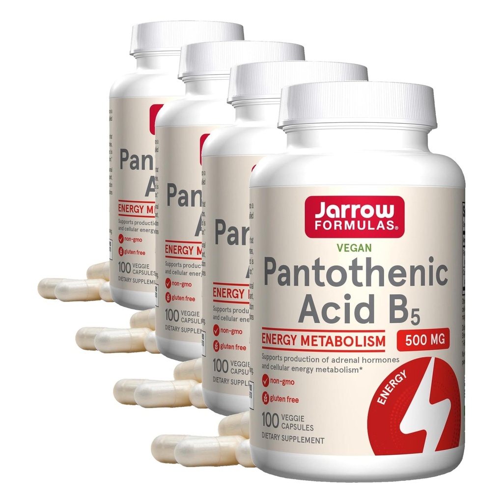Jarrow Formulas Acido Pantotenico B5 500 mg - 100 Caps Veggie - Essential B Vitamin Dietary Supplement - Energy Production & Metabolism Support - 100 Serve (Pack of 4)