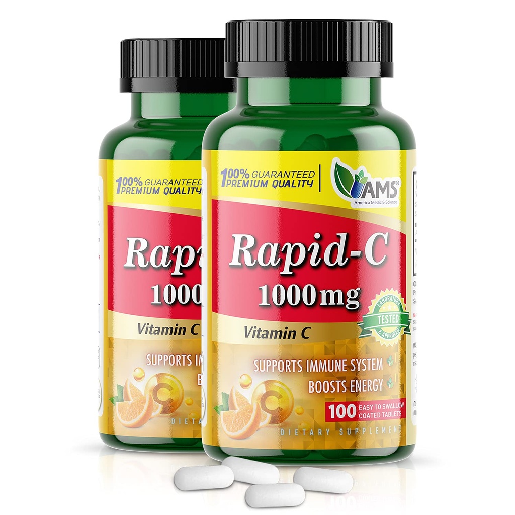 America Medic & Scienza Rapid-C 1000mg Vitamina C Supplemento (2 Confezione di 100 compresse) Energy Booster, Supporto giornaliero del sistema immunitario, Antiossidante | Vegan, Acido non OGM rivestito per gli uomini adulti e le donne