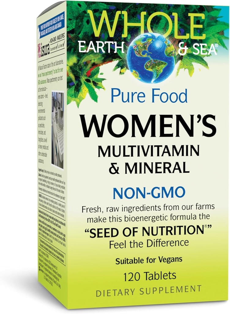Fattori naturali Tutta la Terra & Mare Multivitamina & Minerale delle donne, Integratore alimentare intero, Vegan, 120 compresse