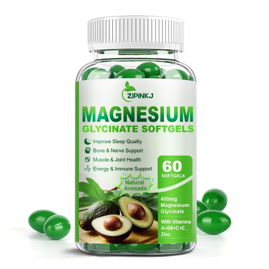 Magnesio Glycinate 400mg, Magnesio ad alto assorbimento Supplementi Softgels con vitamina E, B6, Zinc for Sleep, Calm, Muscle Relax & Bone Health, Gluten-Free, Non OGM, 60 softgels