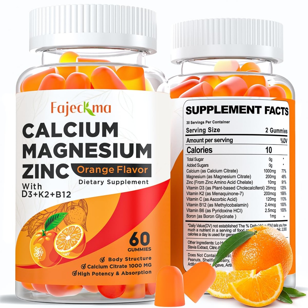 Calcium Magnesio Zinc Gummies per Adulto: Organico 1000mg Calcium Citrato Magnesio Supplemento di Magnesio con D3 B12 - Zucchero gratuito ad alto assorbimento Supplemento per gli uomini delle donne (60 Conte(Pack of 2))