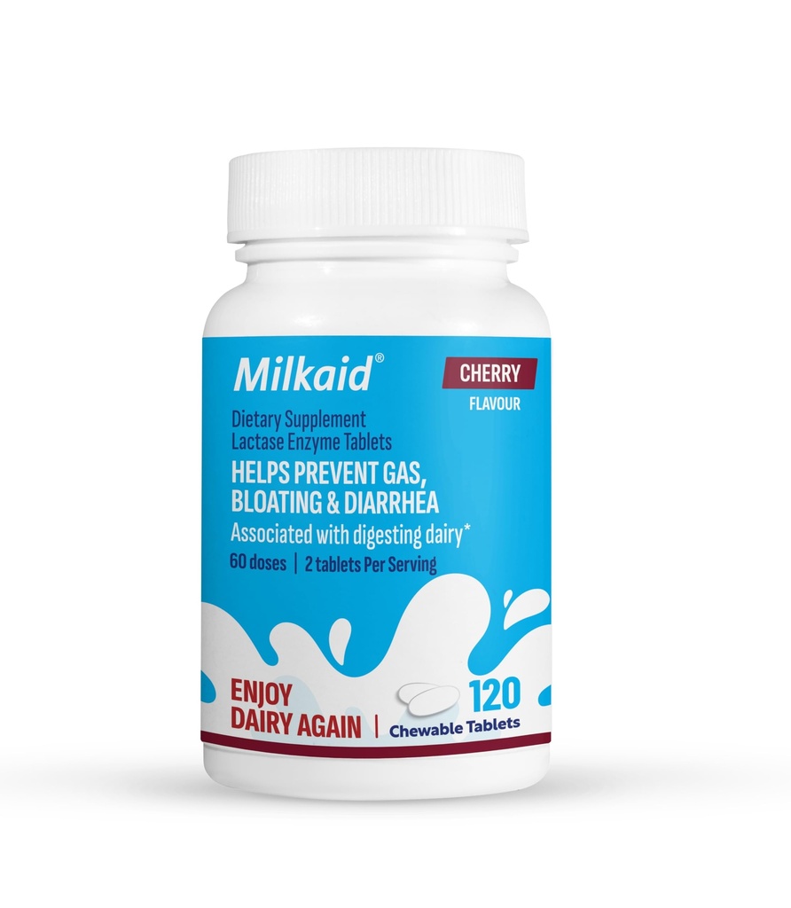 Compresse masticabili per il sollievo dall'intolleranza al lattosio | Previene il gas, Bloating & Diarrhea | Supplemento digestivo rapido della latteria (120 compresse, ciliegia)
