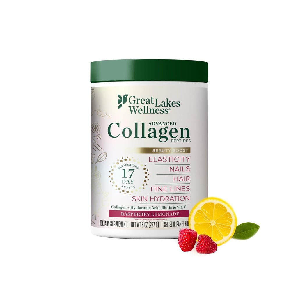 Grandi laghi benessere bellezza Boost Advanced Collagen Peptides polvere con acido ialuronico, biotina, vitamina C - elasticità della pelle e idratazione - lampone limoneade Flavor - Non OGM, Keto, Kosher - 8 oz