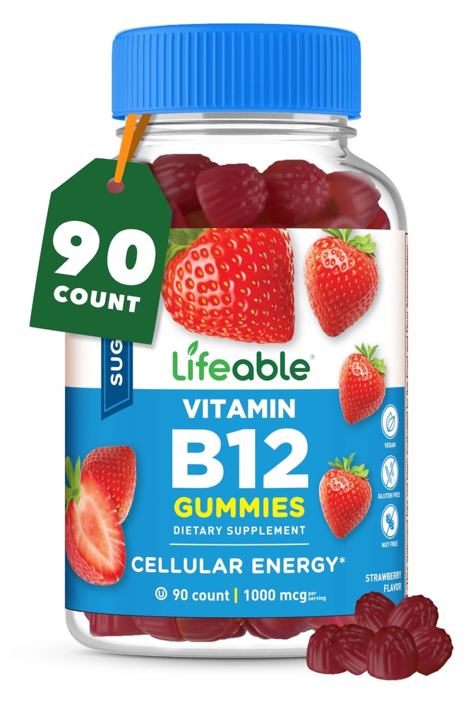 Zucchero Lifeable Vitamina B12 Gummies | 1000 mcg | Gran Tasting B12 Vitamine Gummies | Energia, Mood e supporto Metabolismo | B 12 Gummies Vitamina per Uomini, Donne, Adulti | 90 Gummies