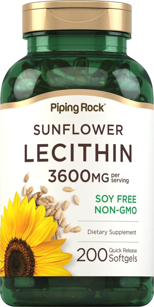 Piping Rock Sunflower Lecithin Softgel Capsule | 3600 mg | 200 Count | da Phosphatidylcholine | Soy Free, Non-OGM, Gluten Free