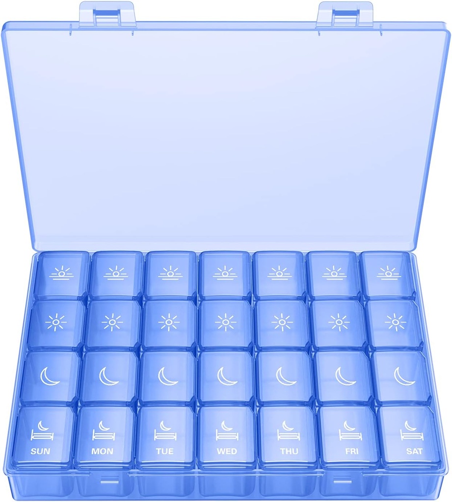 XL Pill Organizer 4 volte al giorno, BUG HULL Extra Large Weekly Pill Box Case, 7 giorni Vitamin Container Daily Pill Holder per olio di Cod-Liver, Vitamine, Supplementi (Royal Blue)