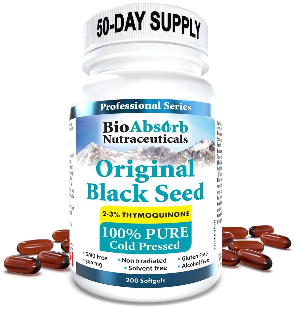 Capsule a freddo dell'olio di semi nero di Bio Absorb. 200 softgels, 500mg (50-Day Supply). Niente retrogusto.