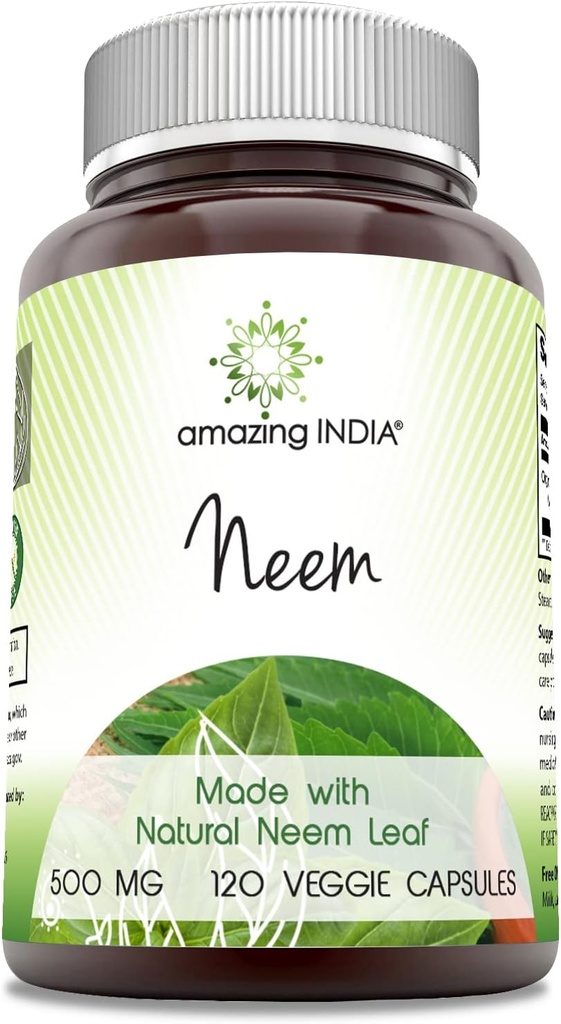 Incredibile India Neem (Made with Natural Neem Leaf) Supplemento | 500 Mg | 120 capsule vegetali | Non OGM | Gluten-Free | Made in USA