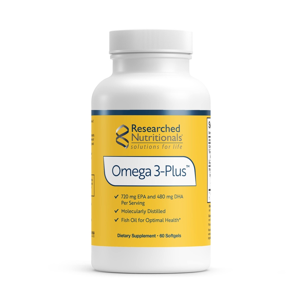 Alimentari Ricercati Omega-3 Plus Fish Oil - EPA DHA Omega 3 Supplemento al supporto Cardiovascular & Brain Health - Distillato molecolare per purezza e sicurezza (60 Softgels)