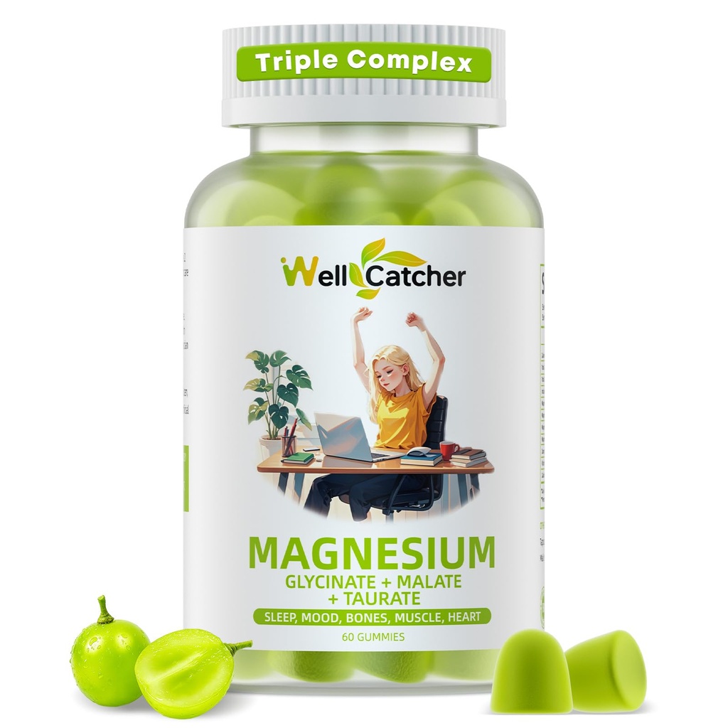 Magnesio complesso Gummies per gli adulti: Supplemento triplo Magnesio con Magnesio Glycinate Malate Taurate per gli uomini donne sostegno sonno mood bilanciato Bones salute del muscolo Zucchero Free Organic 60CT