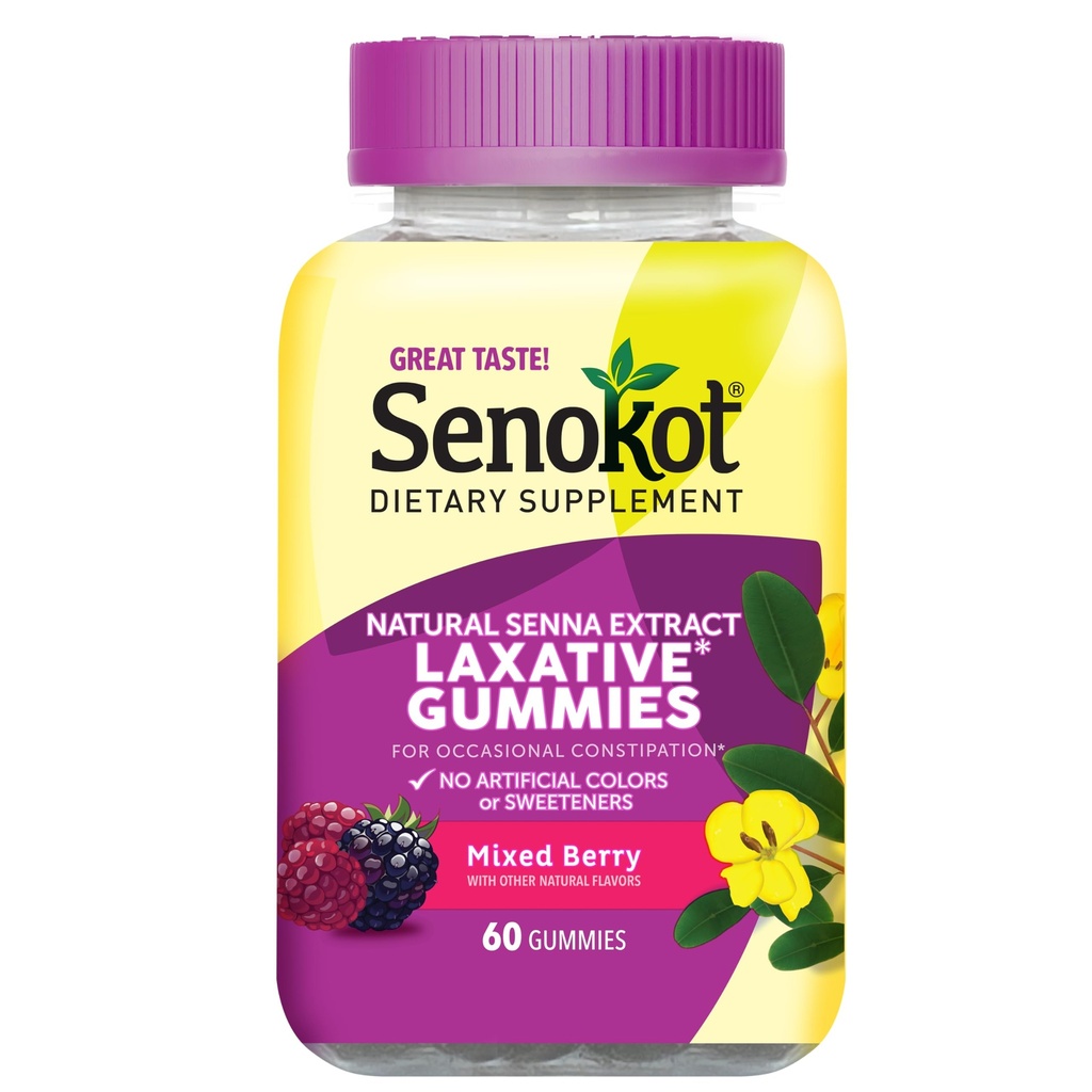Senokot Integratore Dietetico Gummies Lassativo, Estratto di Senna Naturale, Gentle, Pernottamento Rilievo da Constipazione Occasionale, Aroma di Bacca Mista, 60 Conte.