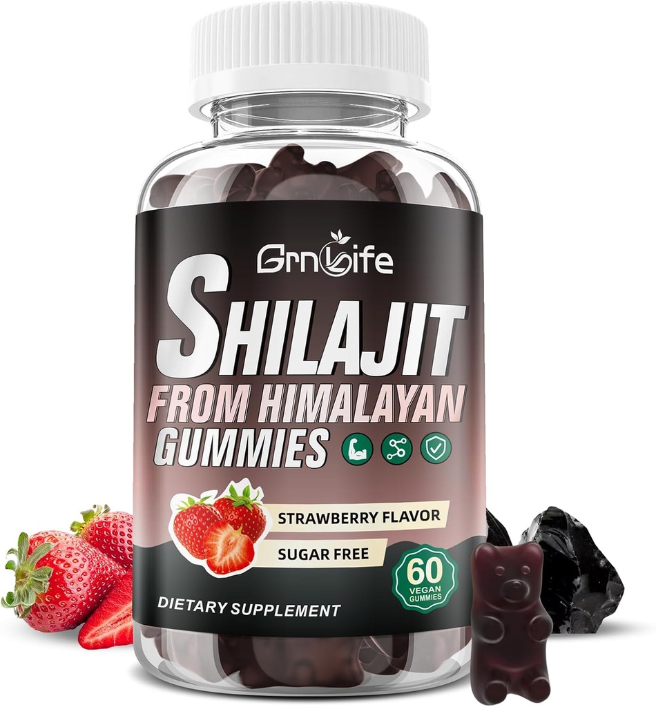 Shilajit Gummies per uomini e donne, 1000MG Shilajit Supplemento con 85+ Trace Minerals & Acido Fulvico per l'energia, l'immunità, Sugar-Free, Strawberry-60 Count