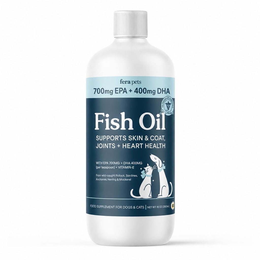 Fera Pets Fish Oil - Omega 3 per cani e gatti per sostenere le articolazioni, cuore, pelle e cappotto salute - Non OGM con vitamina E - 16 oz
